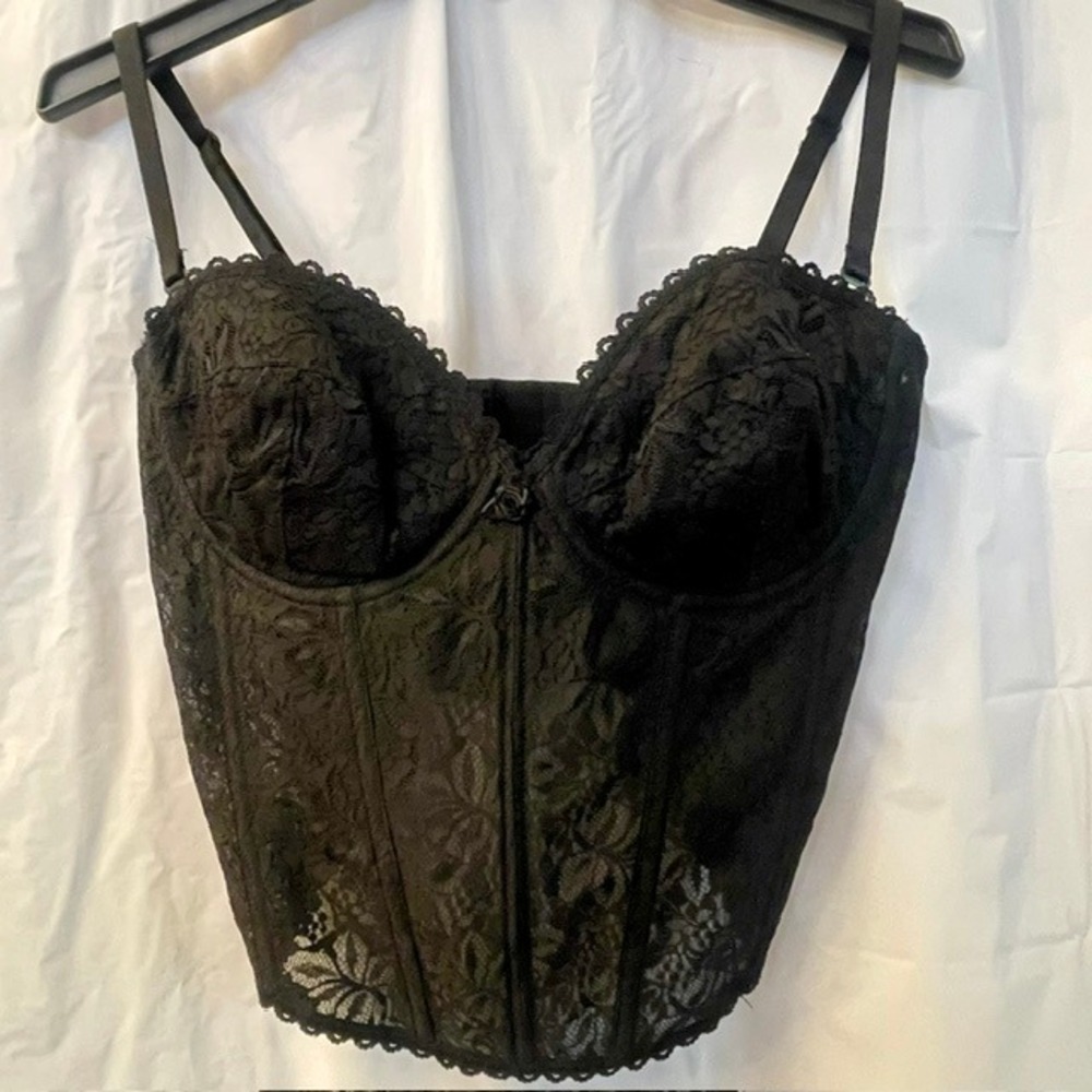 Vintage 90s Fredericks of Hollywood Sheer Black Lace Corset Bustier Goth Top 38D